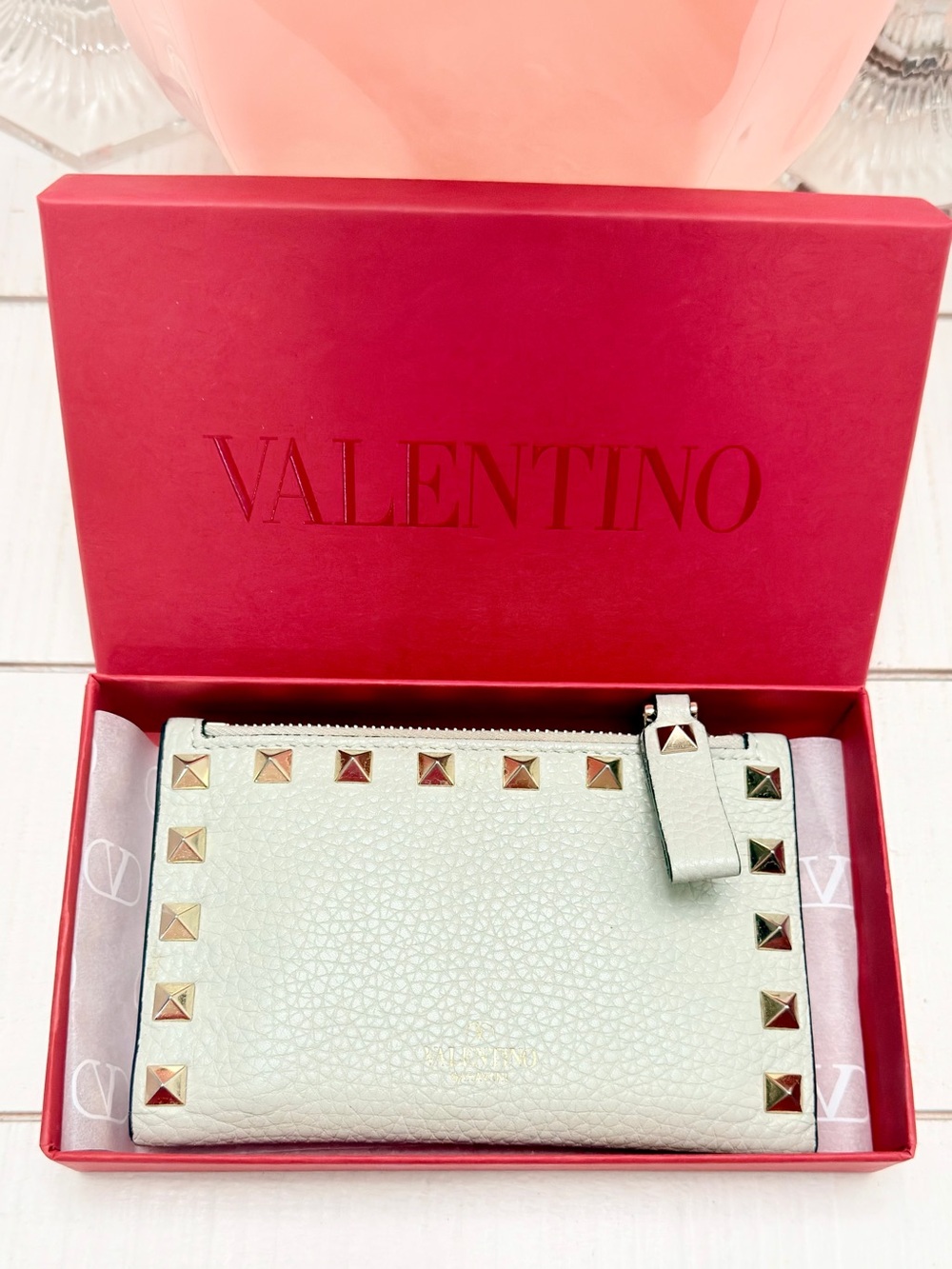 Valentino Garavani Gray Leather Rockstud Card Wallet